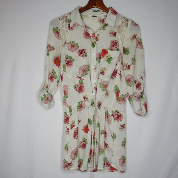 Miss Me Cream Floral Boho Tie Waist Tunic Top Tab Roll Sleeve Women's S Small - Picture 9 of 11
